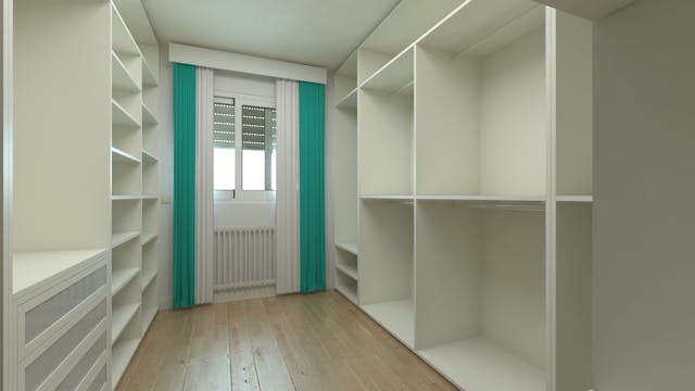 A walk in closet with blue curtains